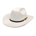 Close-up of white felt jazz hat featuring a black leather band and gold metal buckle - M (56-58cm) / White