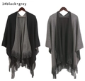 Scialle poncho in maglia bicolore nero e grigio con dettagli di lunghe frange eleganti - 110*140+20CM / 1# Nero + Grigio