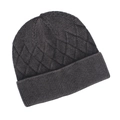Detail of dark grey knit beanie showing thick diamond pattern and ribbed cuff texture - Black