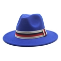 Detail of royal blue fedora hat featuring a red, white, and blue geometric woven band - Sapphire Blue