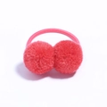 Elastic pink hair tie for children with two soft red plush pom pom ball decorations - Deep Pink