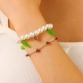 Charming cherry pendant bracelet set with white pearls and small green acrylic leaves - Artificial Pearl Cherry Bracelet Set (8033)