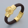 Men's braided brown leather bracelet featuring a golden lion head charm and metal clasp - Lion Head Style A (KB169230-KJX)