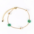 Titanium gold bracelet with white pearl and green crystal flowers and heart charm - Bracelet / Green White Flower
