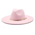 Detailed macro view of pink wool fedora hat featuring a thin gold metallic buckle band - M (56-58cm) / Pink