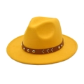 Detail of yellow wool fedora featuring a brown leather band with gold rivets and V-accent - M (56-58cm) / Yellow