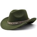Detailed view of dark green wool fedora with colorful ethnic woven belt decoration - Army Green