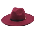 Detail of burgundy wool fedora hat featuring black leather band and gold metal bead accents - Adult 56-59cm / Burgundy