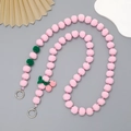 Pink plush ball beaded crossbody phone strap with crochet green cherry charm and metal hooks - Plush Ball Cherry Crossbody Chain / Pink (K405)