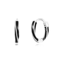 Detailed close-up of silver-tone spiral earrings with black enamel inlay and mirror reflection - Black Enamel Twisted Spiral Hoops / Silver