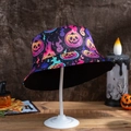 Detail of Halloween bucket hat featuring colorful pumpkin and ghost prints in a festive setting - M (56-58cm) / Flame Pumpkin