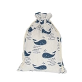 Floral cotton drawstring pouch with navy blue whale print on off-white fabric - 10*14cm / Whale