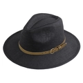 Deep grey wide brim panama straw hat with brown leather band and gold metal buckle - Adult 58cm One Size / Black