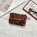Plush striped coin purse in dark brown and orange with a metal zipper and pink loop - Orange Blue Stripes