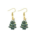 Detailed view of green Christmas tree earrings with colorful ornaments and golden stars - Star Topped Green Enamel Tree