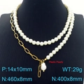 Double-layer stainless steel necklace featuring paperclip chain and white baroque pearls - Spliced Paperclip Chain with Baroque Pearl Pendant Style(KN288222-Z)