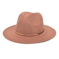 Detail of red woven straw fedora hat featuring a black band and gold metal accessory - M (56-58cm) / Dusty Pink