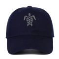 Close-up of a navy cotton baseball cap featuring detailed grey sea turtle embroidery - Navy Blue