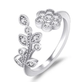 Silver hollow flower and leaf open ring featuring sparkling clear crystals in a sleek finish - Flower Leaf / Platinum Color-J329