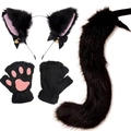Cat ear headband set with pink paw gloves and plush tail for Halloween cosplay - Black Pink Inner + Paw Gloves + Black Tail