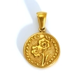 Golden round pendant with 3D double flower relief and polished metallic bail - August Marigold (SP599G-8) (Pendant Only (Without Chain))