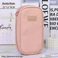 Pink woven pencil case with leather tag, large capacity 21x11x6CM stationery organizer - Lotus root pink