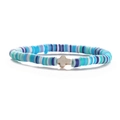Colorful 6mm clay heishi bead stretch bracelet with a beige cross charm on white background - Blue Purple Mix