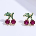 Creative gold cherry stud earrings with red and green cubic zirconia stones on white back - Gold Colorful Stone Round Cherry Style (VE1574)
