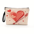 Crème canvas make-uptas met rood hartpatroon en zwarte polsband handgreep - Patroon 2 (Cupido Pijl en Gestippeld Hart)