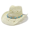 Cream crochet hollow straw cowboy hat with blue beads and upturned brim for summer sun - M (56-59cm) / Creamy White