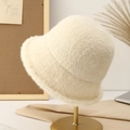 Warm white plush knit bucket hat for women with a minimalist winter wool aesthetic - White
