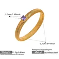 Detail of 18k gold plated ribbed stainless steel bracelet with purple zircon and measurements - 12mm Width / Purple Zirconia (Z002)