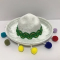 Mini white felt Mexican sombrero headband with colorful pom-poms and woven trim for parties - White Felt-Multicolor Pompoms-Green Trim