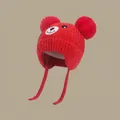 Red knit beanie for babies with bear embroidery and cozy earflaps for winter warmth - Chenille Bear Hat Red (for Ages 1-4)
