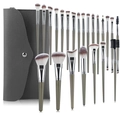 24-piece professional makeup brush set with green handles and gray storage bag - 23 Brushes + Storage Bag
