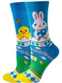 Detail of blue Easter socks featuring cartoon bunnies, chicks, and colorful eggs patterns - Blue Egg Rabbit