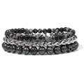 Three-piece bracelet set with natural rose stone, silver chain, and black lava beads - Snowflake Lava Stone Style (FK0292)