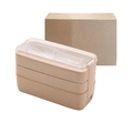 Three-layer 900ml eco-friendly lunch box in light brown with transparent lid and utensils - Triple Layer-Beige (900ml)-Boxed