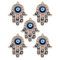Detailed view of five golden Hamsa Hand pendants with blue Evil Eye and rhinestones - Hamsa Hand Evil Eye (BT671GD06)