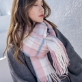 Pink and white plaid winter scarf with blue stripes and decorative fringe details - Literary Pink