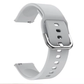 Detail of light grey silicone watch strap with silver metal buckle on white background - Gray