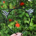 Cat ear headband with silver crystals and beads on black wire frame for parties - No.4 Silver