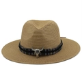 Brown woven straw cowboy hat with wide brim and silver steer skull metal decoration - M(56-58cm) / Khaki