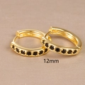 Detailed close-up of 12mm gold hoop earrings with small black zircon stones inlay - 12mm Gold Black Rhinestone (E1014-12mm)
