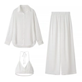 Three-piece white satin loungewear set featuring long sleeve shirt, wide pants and top - S / White