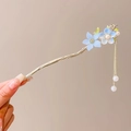 Golden hair stick featuring blue flowers and long pearl tassels for hanfu styling - 2# Blue Peach Blossom (Gold)