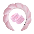 Detailed set of pink velvet braided headband and matching soft towel wristbands for face washing - Velvet Pink Headband + 2 Wristbands