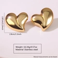Macro view of large 18K gold plated stainless steel heart stud earrings with dimensions - Shiny Large Heart