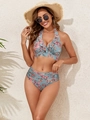 Set bikini floreale con volant, allacciatura al collo e vita alta per il mare - S / Stampa Floreale Blu Chiaro
