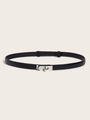 Detail of a thin black leather belt featuring a polished silver turn-lock metal buckle - Silver Lock Adjustable Belt (1.8 Beveled Edge) Black